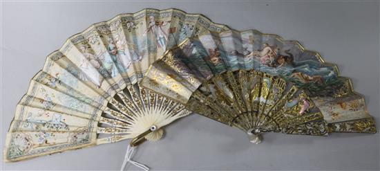 Two 19th century European fans with gouache painted leaves Largest 16cm
